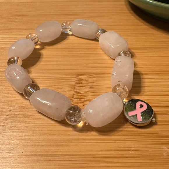Rose and White Crystal Quartz Breast Cancer Awareness Pink Ribbon Charm Bracelet - Picture 3 of 3